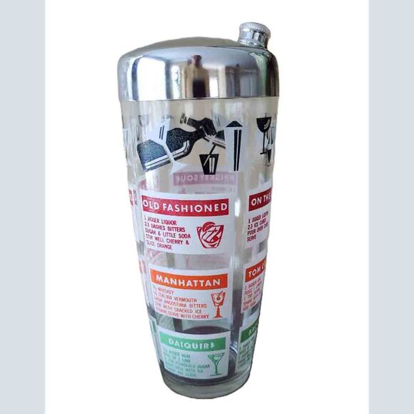 Vintage Glass Cocktail Shaker Mixer Hazel Atlas With 12 Recipes MCM Chrome Lid - Picture 2 of 2